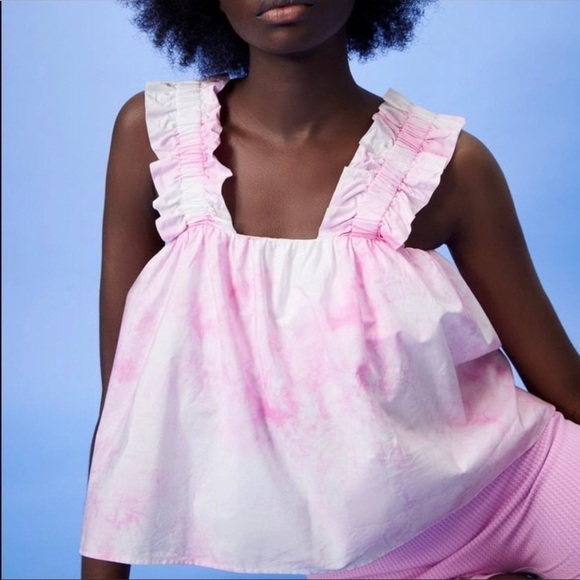 NWT Zara Tie Dye Poplin Top Cotton Candy Pink Women's Size Large Crop Top - Picture 1 of 8